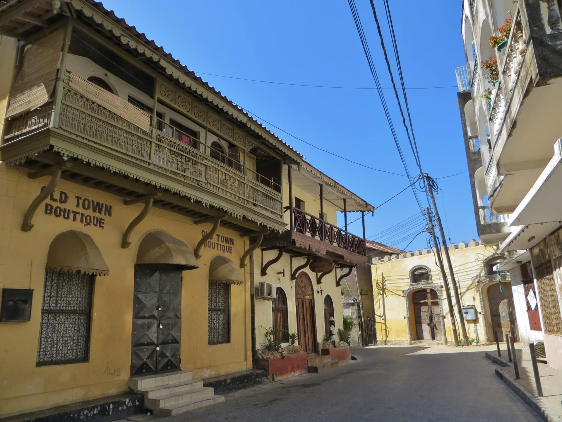 Balconied buildings along a street in Mombasa’s Old Town